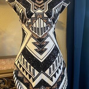 Express Formal Sequined Black & White Geometric Mini Dress, Like New